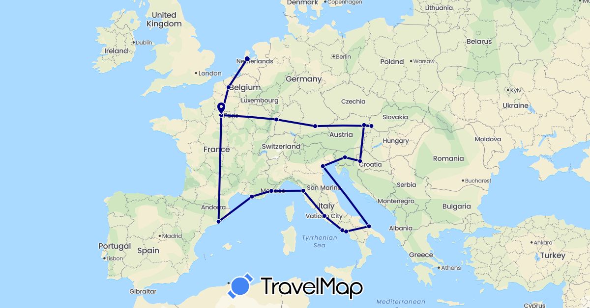 TravelMap itinerary: driving in Austria, Germany, Spain, France, Croatia, Italy, Netherlands, Slovenia, Slovakia (Europe)
